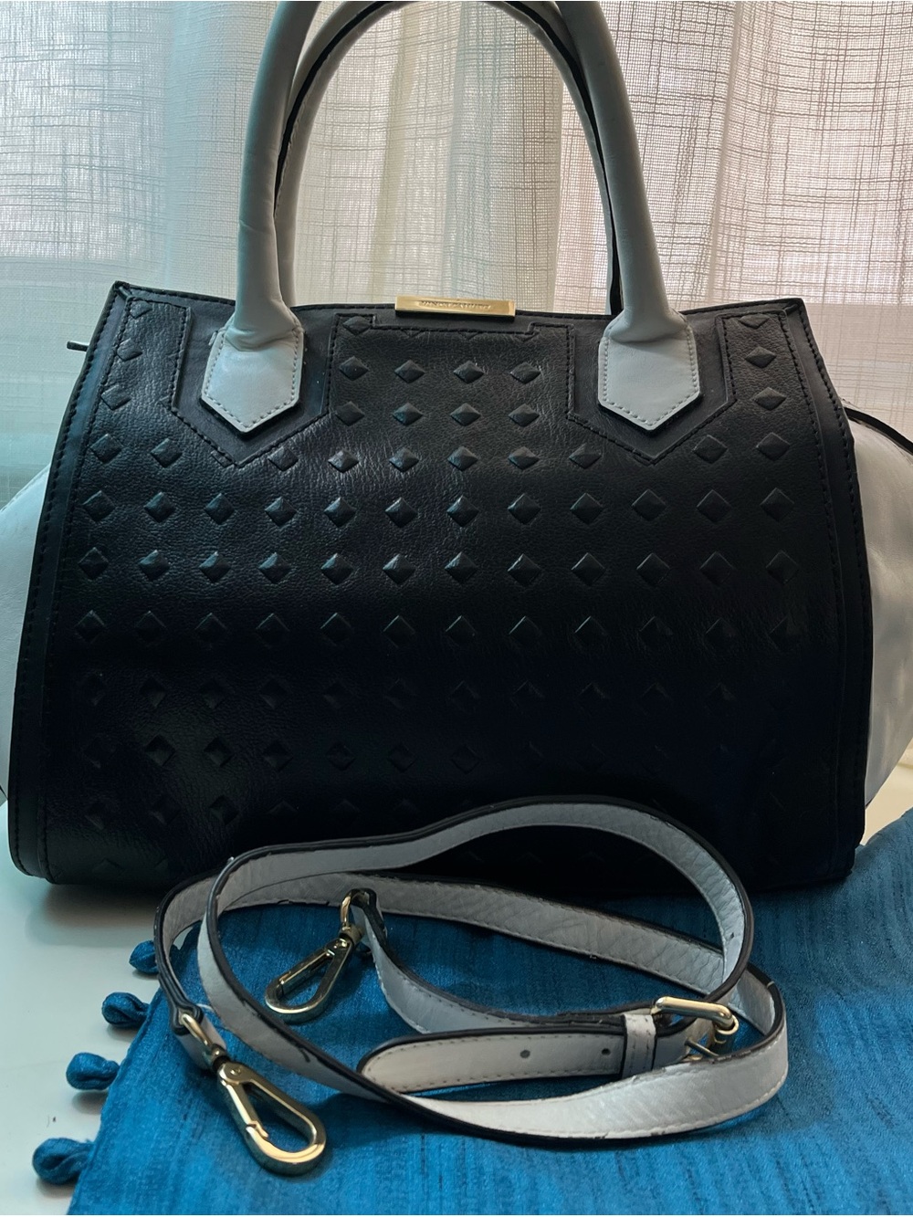 Vince Camuto Black & White Leather Satchel with White Handles